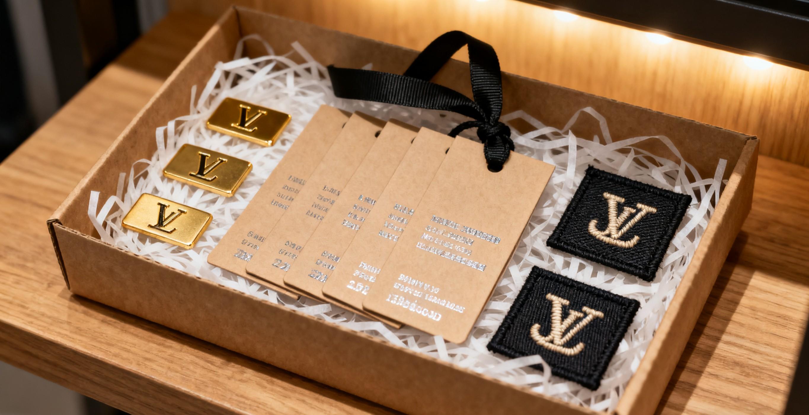 Branded hangtags and labels displayed in retail packaging